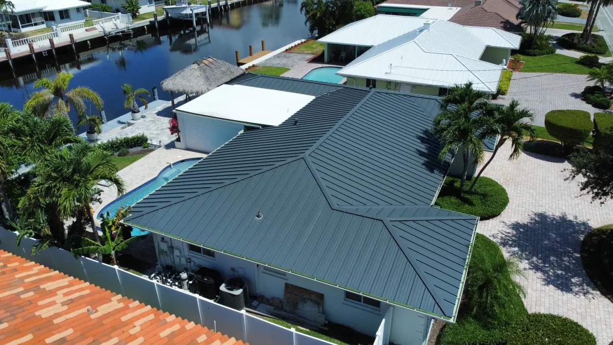Aerial view of a new metal roof on a Florida home